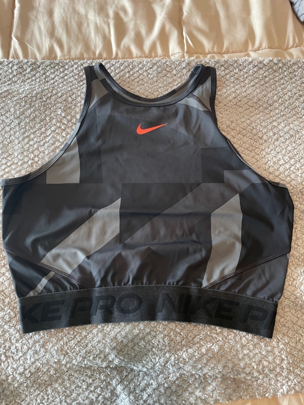Nike Black and Gray Workout Crop Top with Orange Swoosh